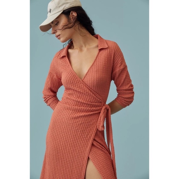 Anthropologie Waffle Wrap Midi Dress Orange Women’s Size XXS - Picture 3 of 11